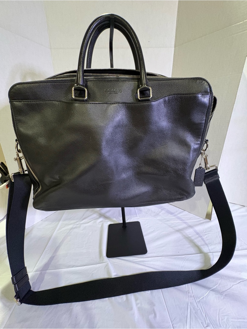 Coach Black Leather Laptop Briefcase with Detachable Strap